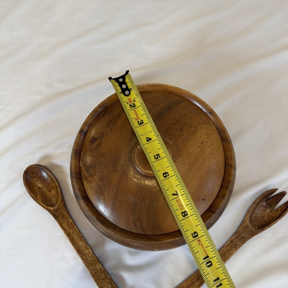 Genuine Hand-carved Monkey Pod Wood Soup Tureen With Lid Spoon Fork - Picture 3 of 8